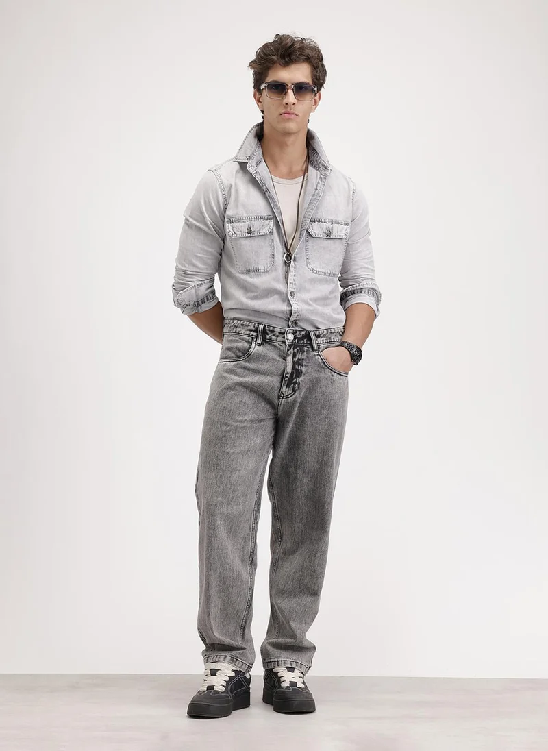 روجن Slim Fit Faded Denim Shirt  | Grey